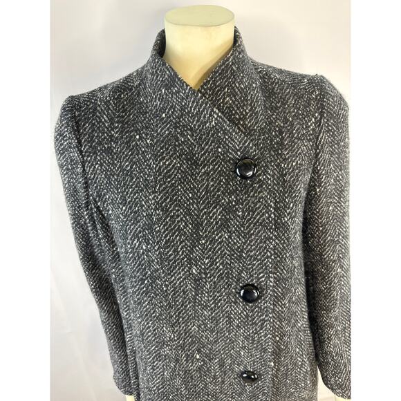 Larry Levine Collarless herringbone black & cream tweed coat size small petite - Picture 5 of 14